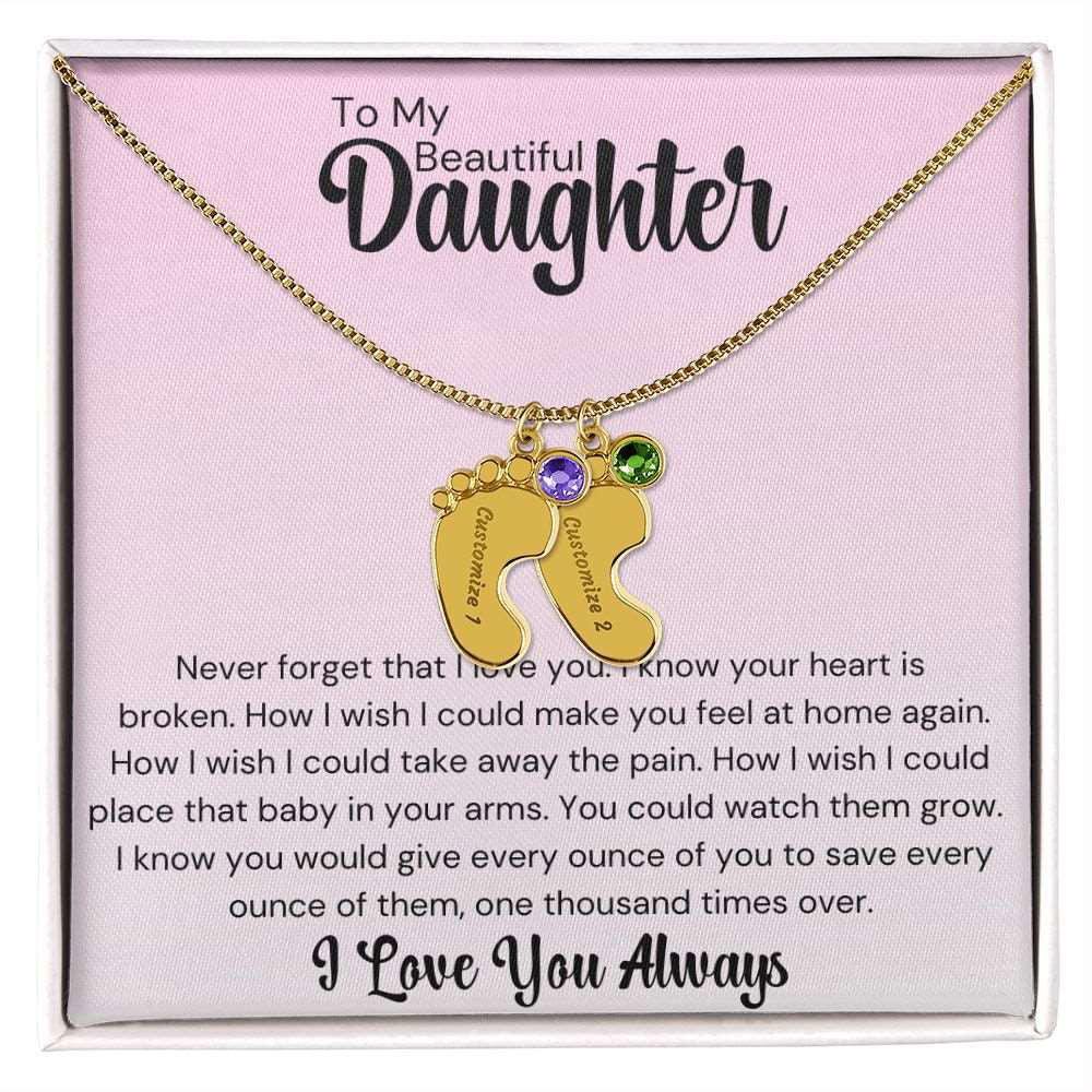 Daughter Baby Feet Necklace - Never forget that I love you. 1 Charm / Polished Stainless Steel / Two-Toned Box Jewelry Giftinum