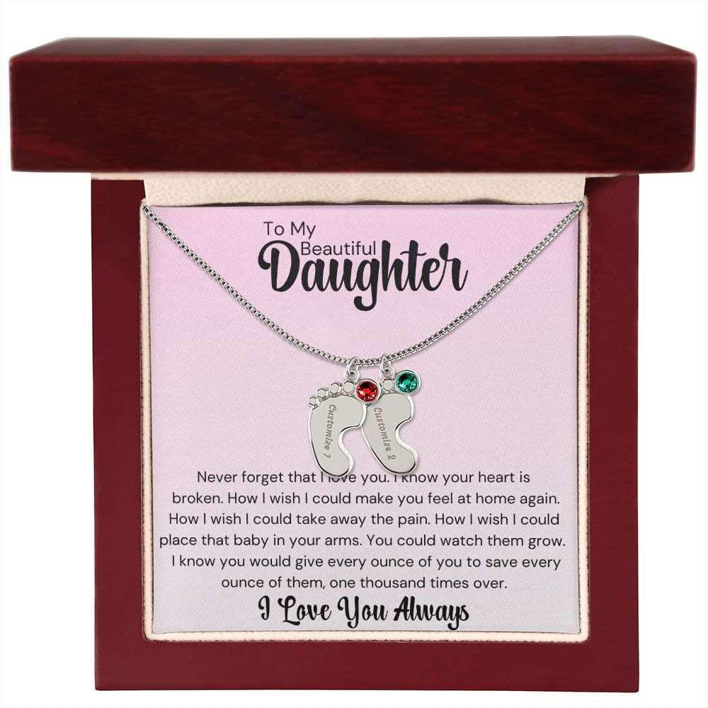 Daughter Baby Feet Necklace - Never forget that I love you. 2 Charms / Polished Stainless Steel / Luxury w/LED Box Jewelry Giftinum