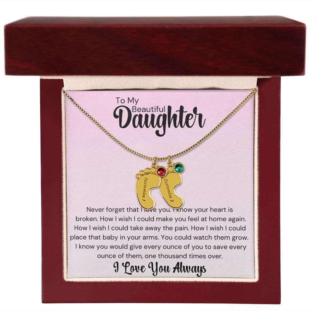 Daughter Baby Feet Necklace - Never forget that I love you. 2 Charms / 18K Yellow Gold Finish / Luxury w/LED Box Jewelry Giftinum
