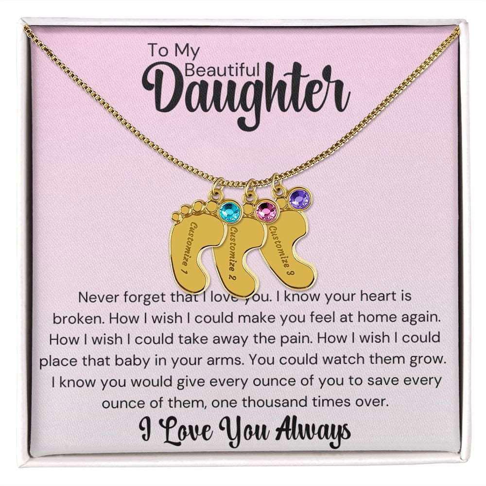 Daughter Baby Feet Necklace - Never forget that I love you. 3 Charms / 18K Yellow Gold Finish / Two-Toned Box Jewelry Giftinum