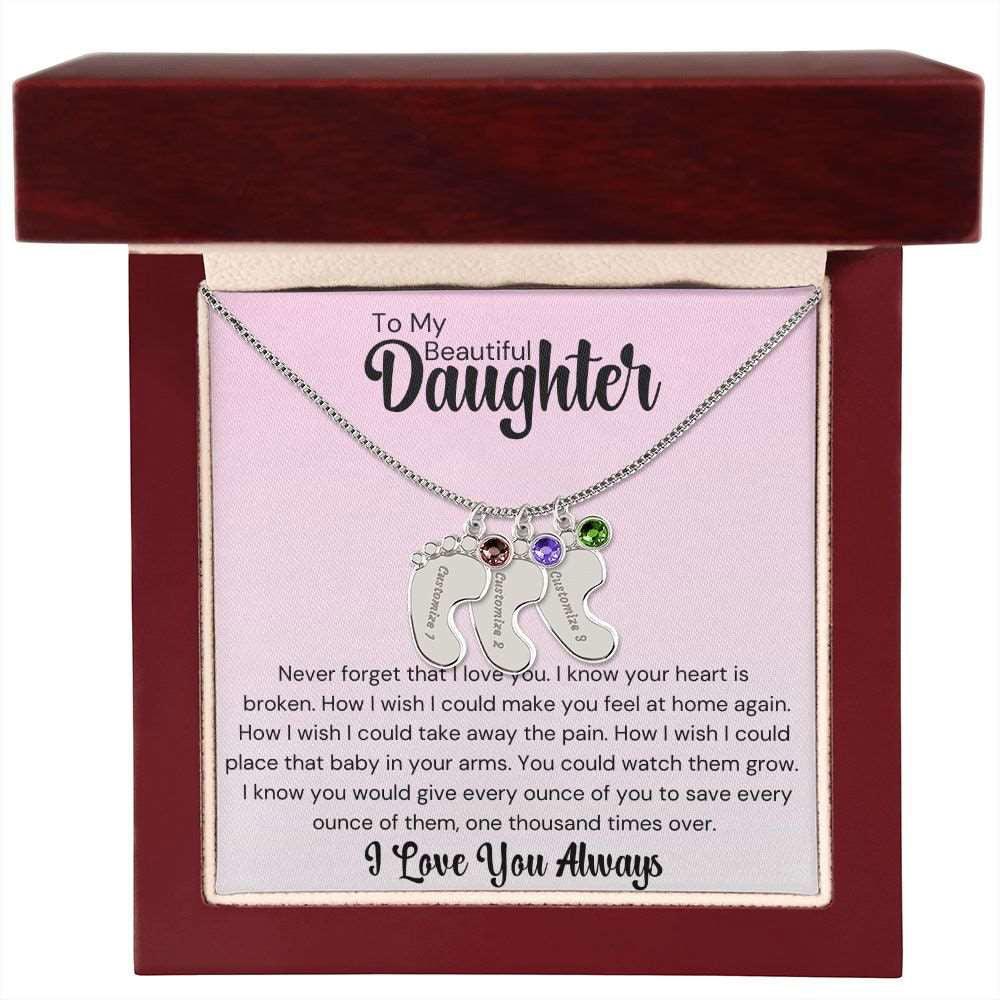 Daughter Baby Feet Necklace - Never forget that I love you. 3 Charms / Polished Stainless Steel / Luxury w/LED Box Jewelry Giftinum