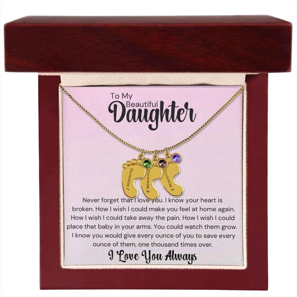 Daughter Baby Feet Necklace - Never forget that I love you. 3 Charms / 18K Yellow Gold Finish / Luxury w/LED Box Jewelry Giftinum