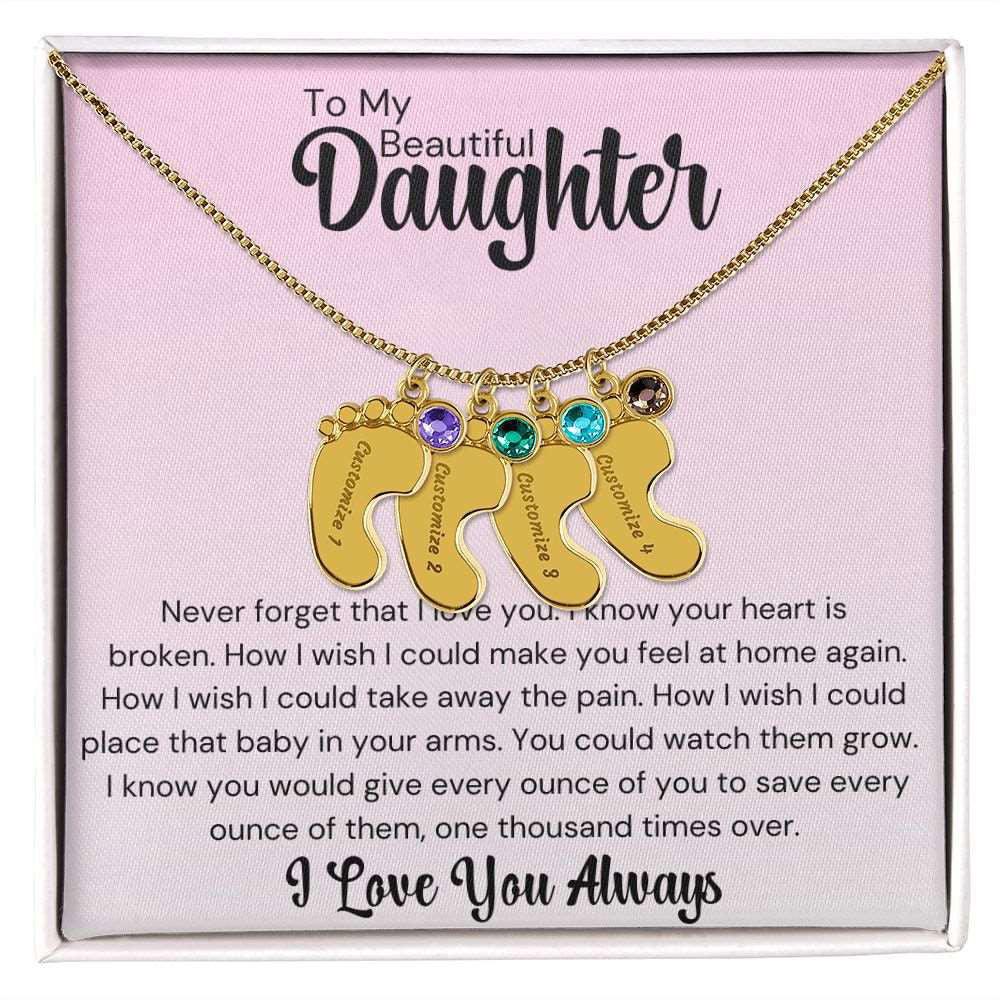 Daughter Baby Feet Necklace - Never forget that I love you. 4 Charms / 18K Yellow Gold Finish / Two-Toned Box Jewelry Giftinum
