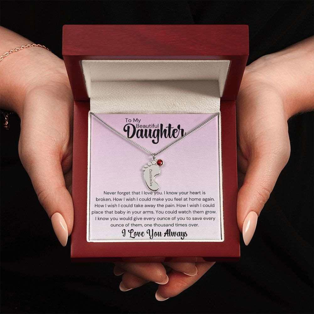 Daughter Baby Feet Necklace - Never forget that I love you. 1 Charm / Polished Stainless Steel / Luxury w/LED Box Jewelry Giftinum
