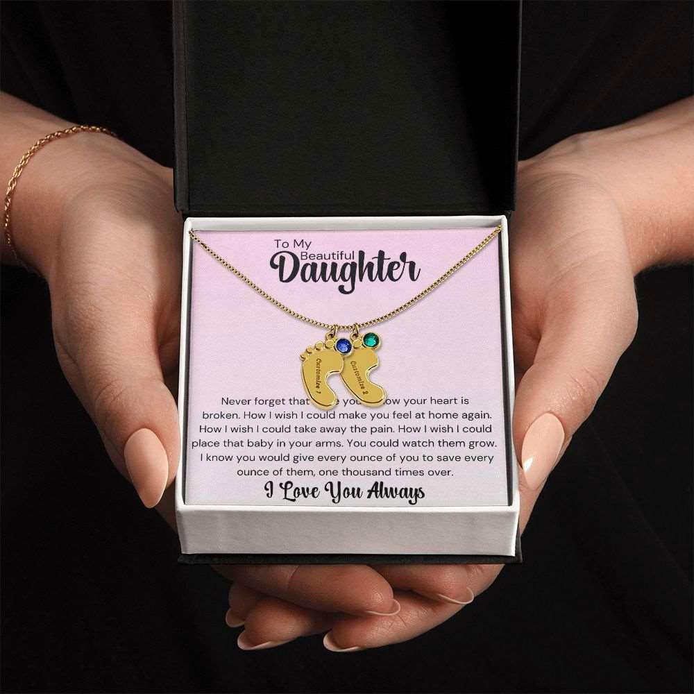 Daughter Baby Feet Necklace - Never forget that I love you. 2 Charms / 18K Yellow Gold Finish / Two-Toned Box Jewelry Giftinum