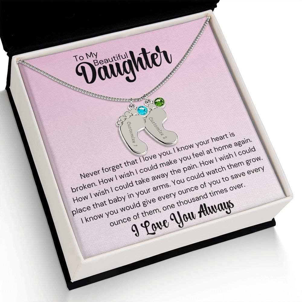 Daughter Baby Feet Necklace - Never forget that I love you. 2 Charms / Polished Stainless Steel / Two-Toned Box Jewelry Giftinum