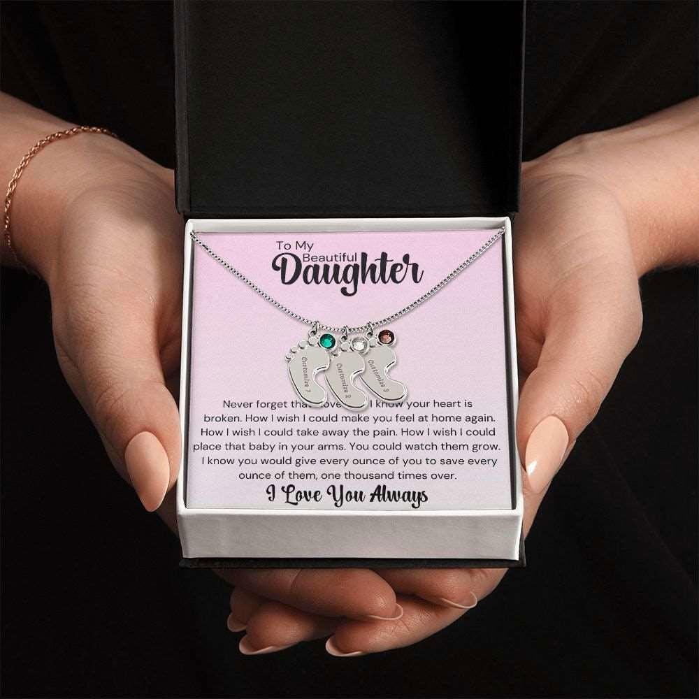 Daughter Baby Feet Necklace - Never forget that I love you. 3 Charms / Polished Stainless Steel / Two-Toned Box Jewelry Giftinum