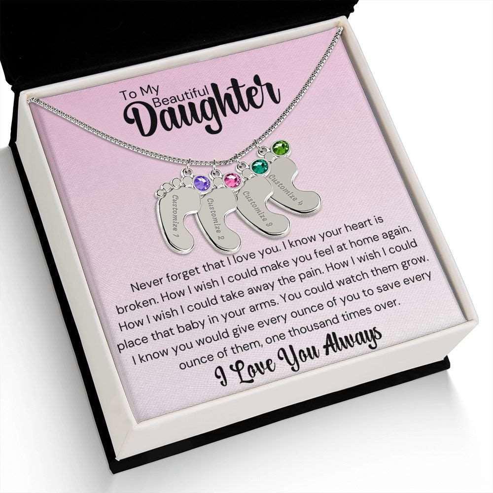 Daughter Baby Feet Necklace - Never forget that I love you. 4 Charms / Polished Stainless Steel / Two-Toned Box Jewelry Giftinum