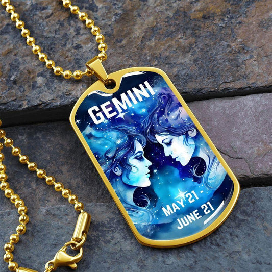 Gemini Zodiac Dog Tag Necklace Military Chain (Gold) / No Jewelry Giftinum