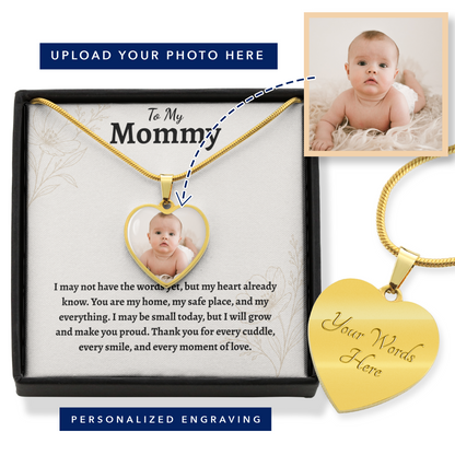 Personalized Baby Photo Necklace for Mom, Custom Engraved Heart Pendant Gift