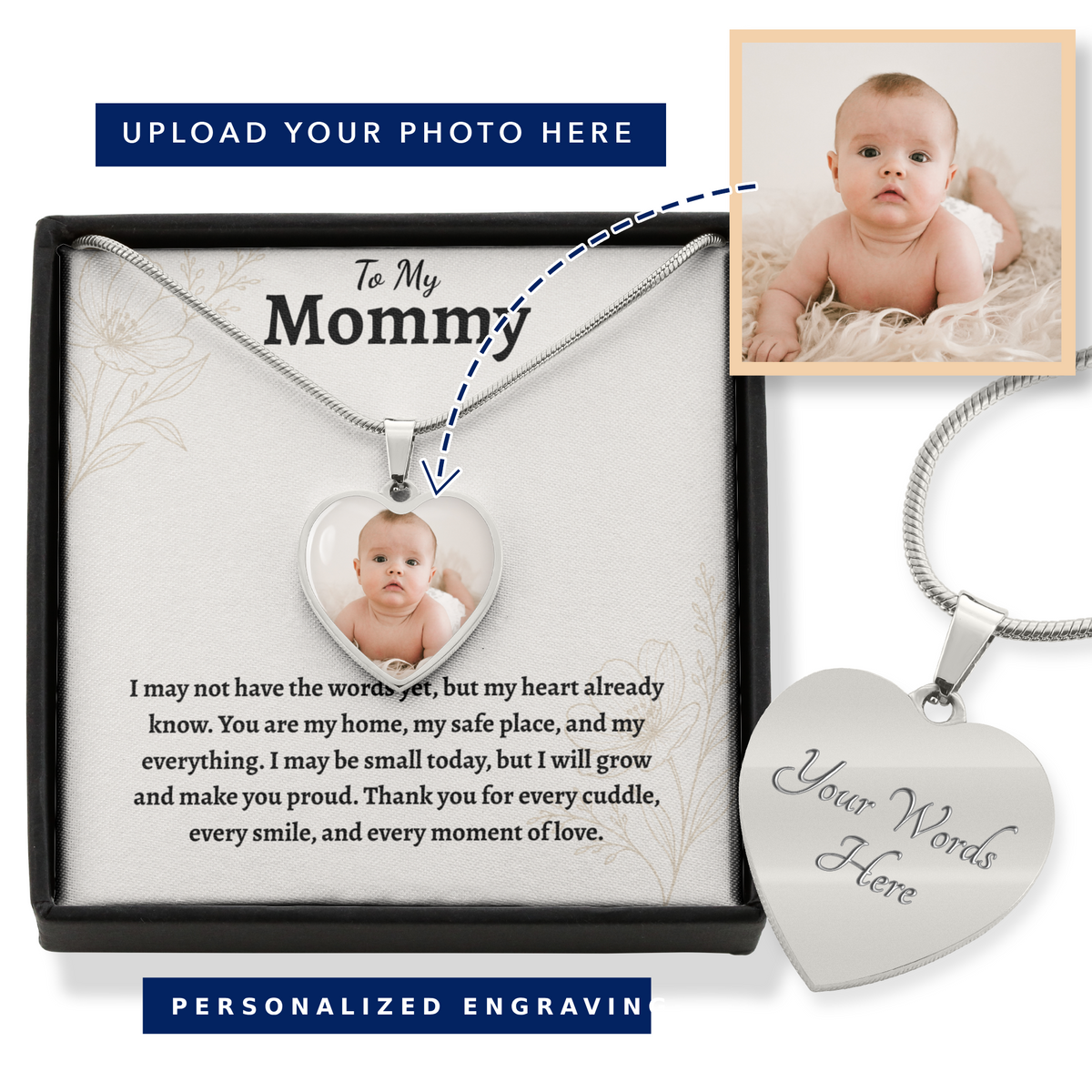 Personalized Baby Photo Necklace for Mom, Custom Engraved Heart Pendant Gift