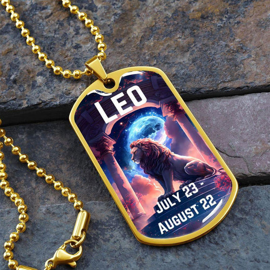 Leo Zodiac Dog Tag Necklace Military Chain (Gold) / No Jewelry Giftinum