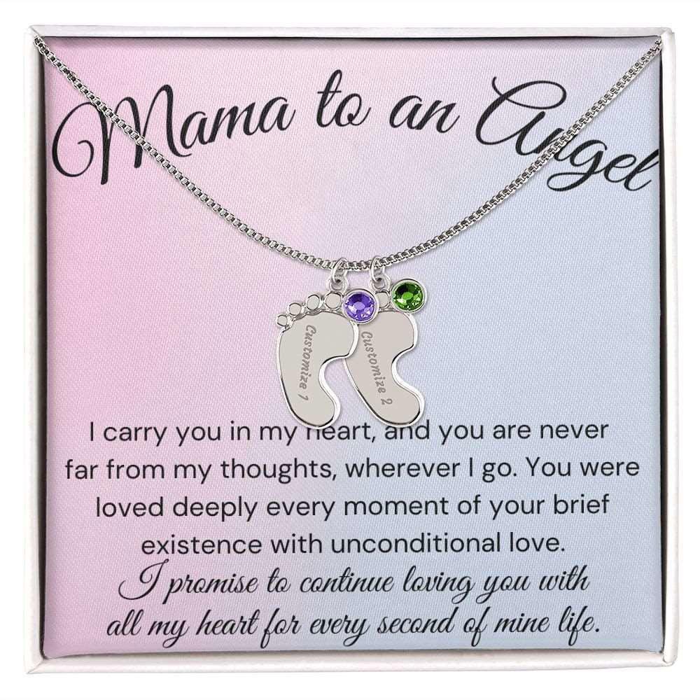 Mama of an Angel Baby Feet Necklace - I carried you in my heart 2 Charms / Polished Stainless Steel / Standard Box Jewelry Giftinum