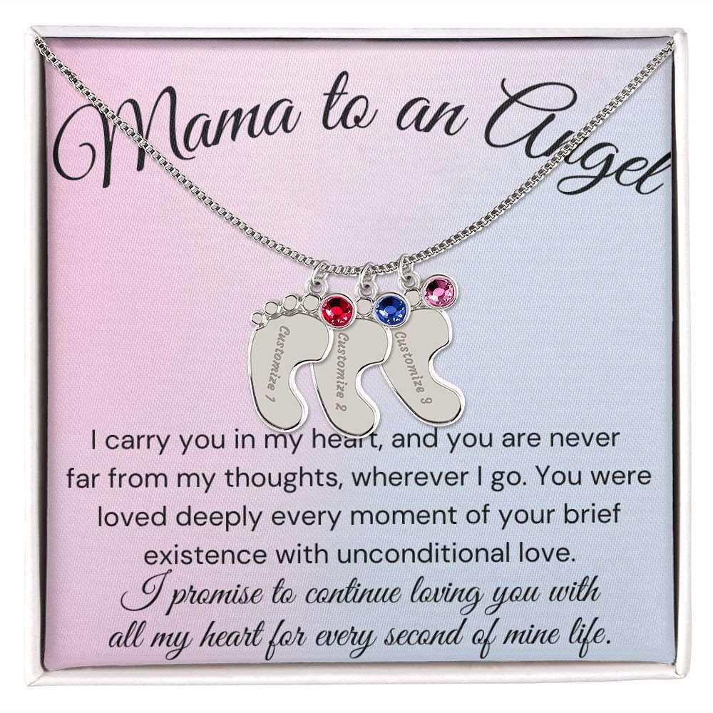 Mama of an Angel Baby Feet Necklace - I carried you in my heart 3 Charms / Polished Stainless Steel / Standard Box Jewelry Giftinum