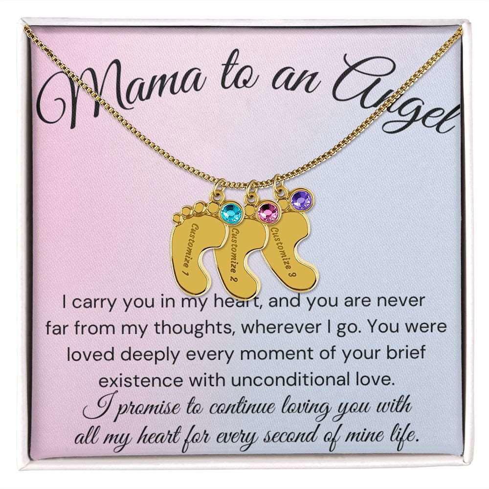 Mama of an Angel Baby Feet Necklace - I carried you in my heart 3 Charms / 18K Yellow Gold Finish / Standard Box Jewelry Giftinum