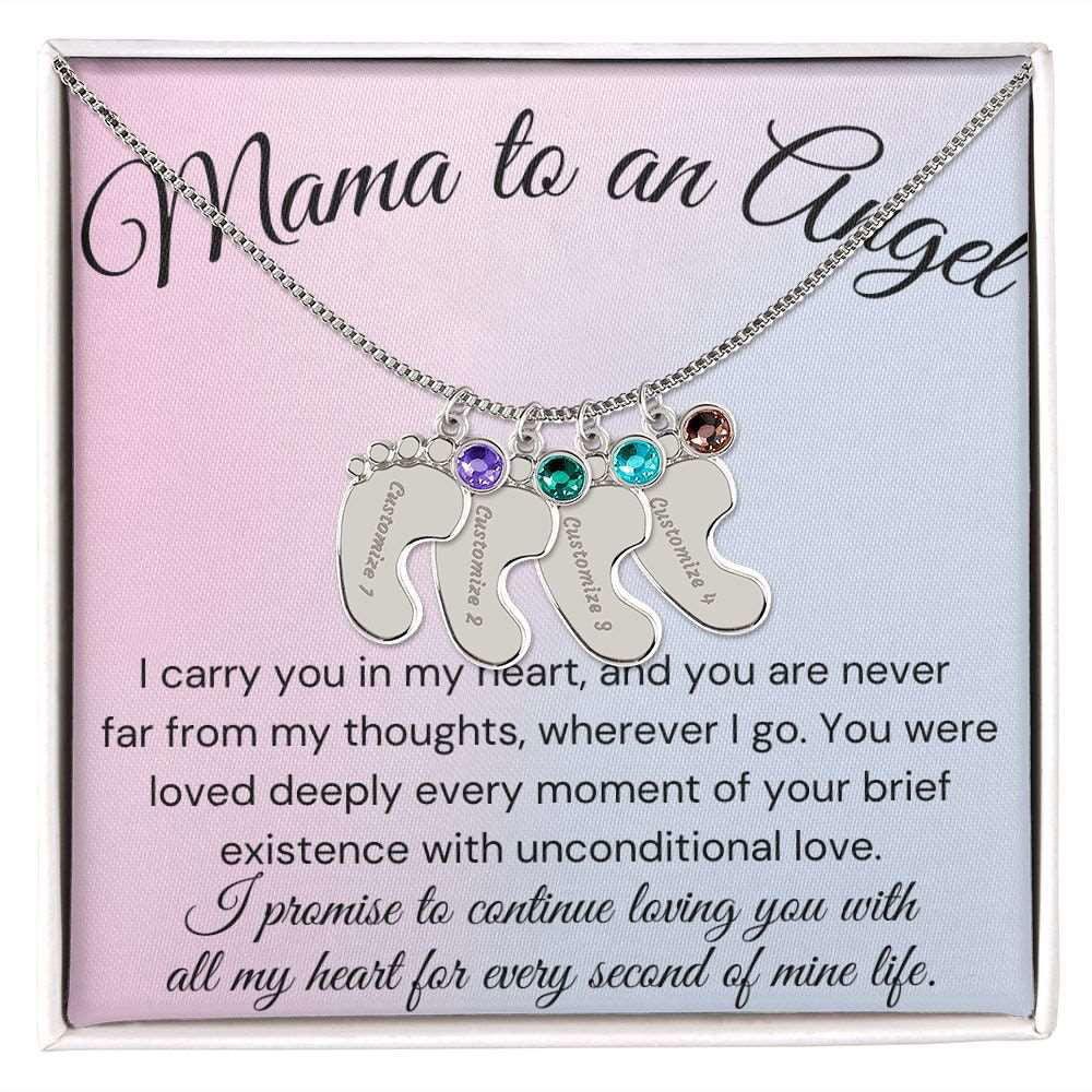 Mama of an Angel Baby Feet Necklace - I carried you in my heart 4 Charms / Polished Stainless Steel / Standard Box Jewelry Giftinum