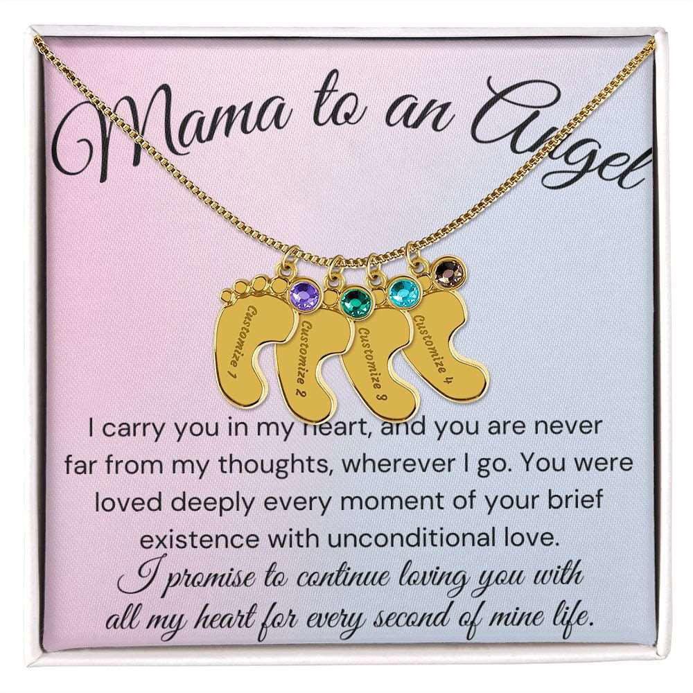 Mama of an Angel Baby Feet Necklace - I carried you in my heart 4 Charms / 18K Yellow Gold Finish / Standard Box Jewelry Giftinum