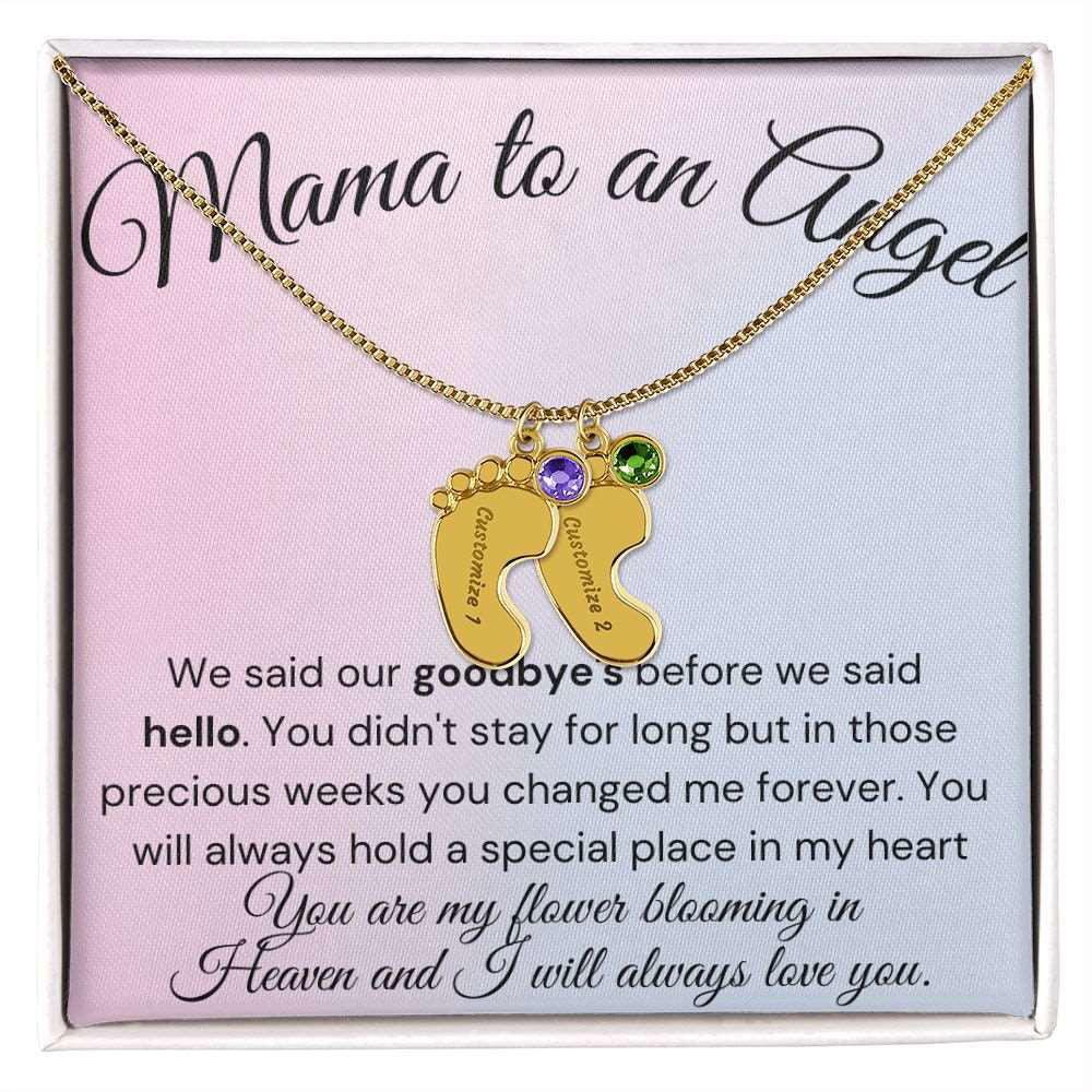 Mama to an Angel Baby Feet Necklace - We said our goodbye 2 Charms / 18K Yellow Gold Finish / Standard Box Jewelry Giftinum