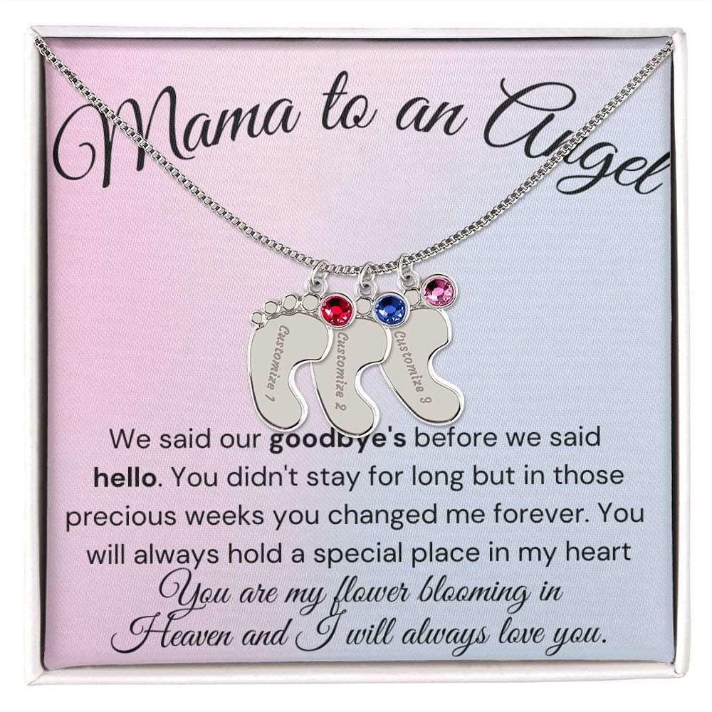 Mama to an Angel Baby Feet Necklace - We said our goodbye 3 Charms / Polished Stainless Steel / Standard Box Jewelry Giftinum