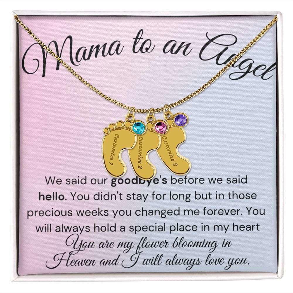 Mama to an Angel Baby Feet Necklace - We said our goodbye 3 Charms / 18K Yellow Gold Finish / Standard Box Jewelry Giftinum