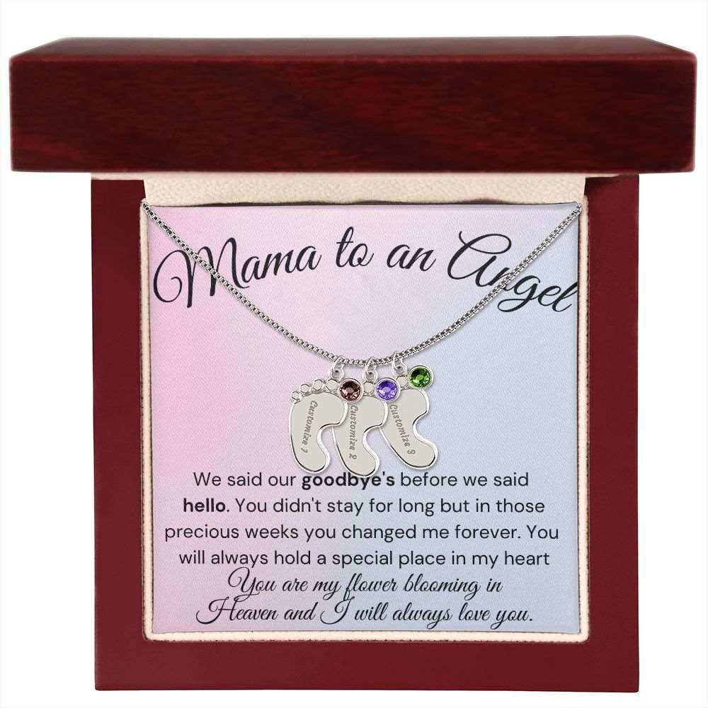 Mama to an Angel Baby Feet Necklace - We said our goodbye 3 Charms / Polished Stainless Steel / Luxury Box Jewelry Giftinum