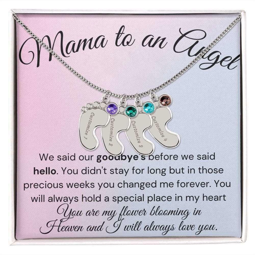 Mama to an Angel Baby Feet Necklace - We said our goodbye 4 Charms / Polished Stainless Steel / Standard Box Jewelry Giftinum