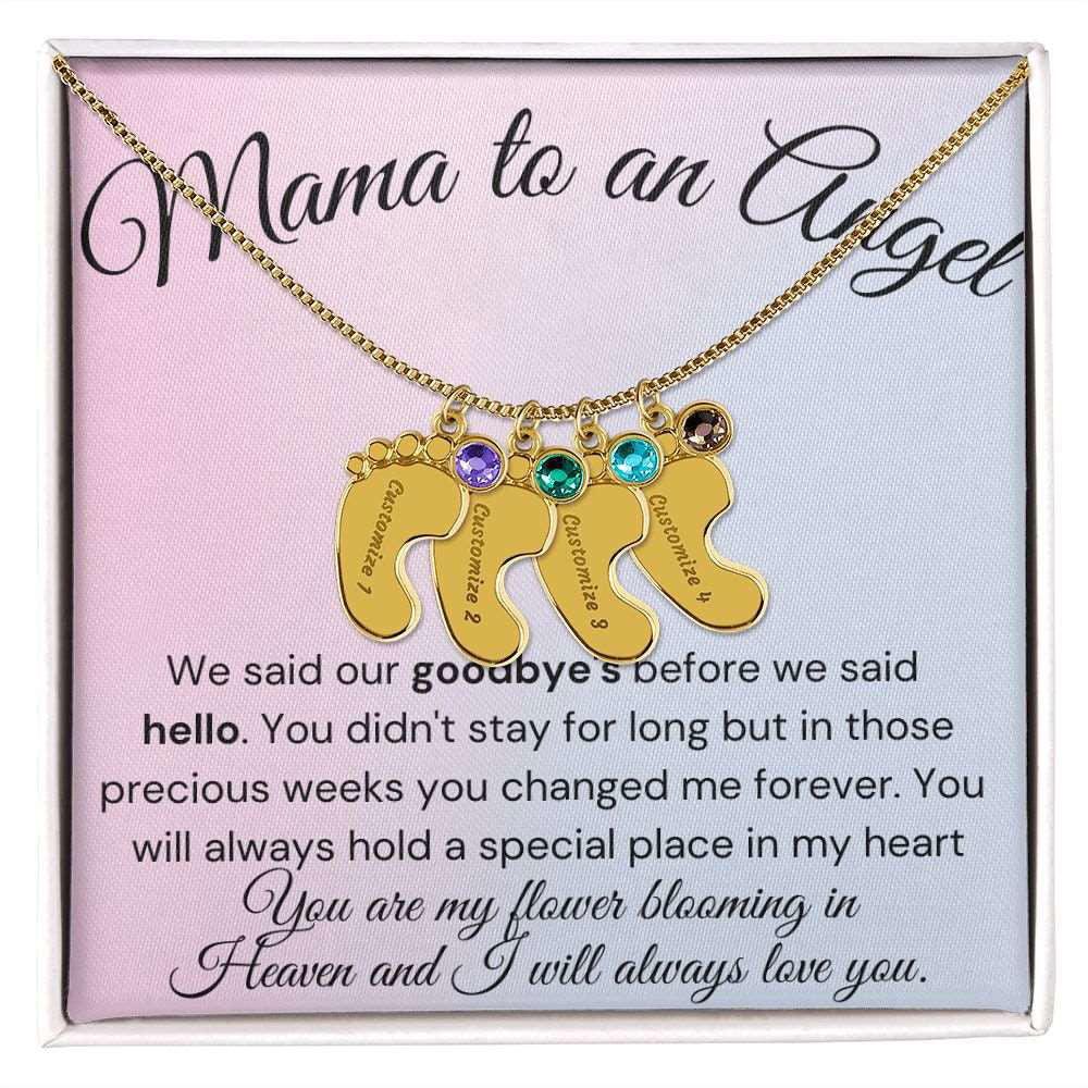 Mama to an Angel Baby Feet Necklace - We said our goodbye 4 Charms / 18K Yellow Gold Finish / Standard Box Jewelry Giftinum