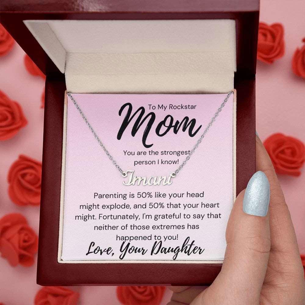 Mom Name Necklace - Head might explode Polished Stainless Steel / Mahogany Box w/LED Jewelry Giftinum