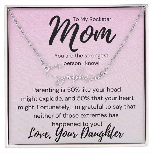Mom Script Name Necklace - Head might explode Polished Stainless Steel / Standard Box Jewelry Giftinum