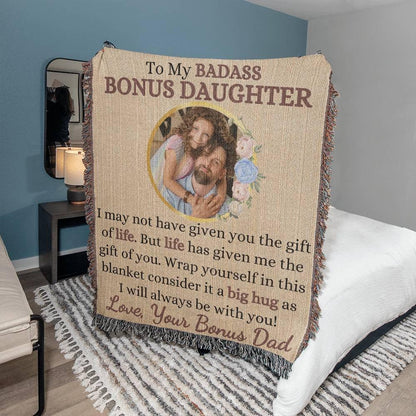 Photo Upload Badass Bonus Daughter Woven Blanket - Giftinum