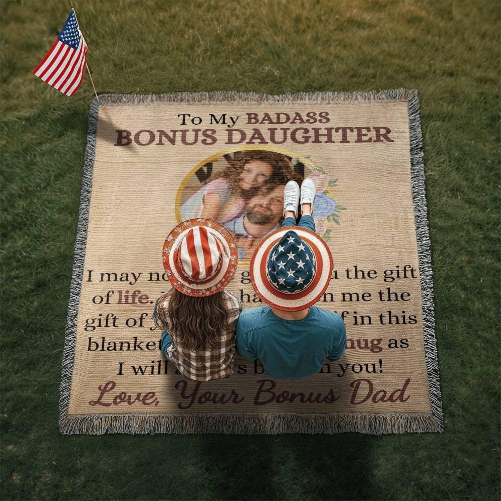 Photo Upload Badass Bonus Daughter Woven Blanket - Giftinum
