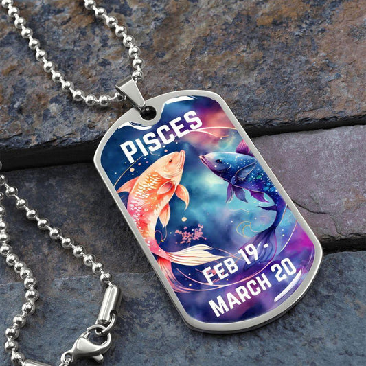 Piesces Zodiac Dog Tag Necklace Military Chain (Silver) / No Jewelry Giftinum