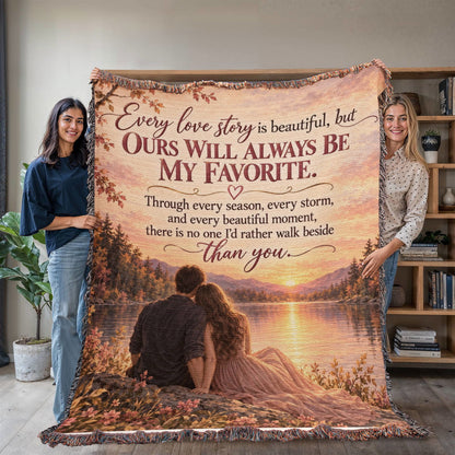 Romantic Love Story Woven Blanket with Sunset Couple Design - Giftinum
