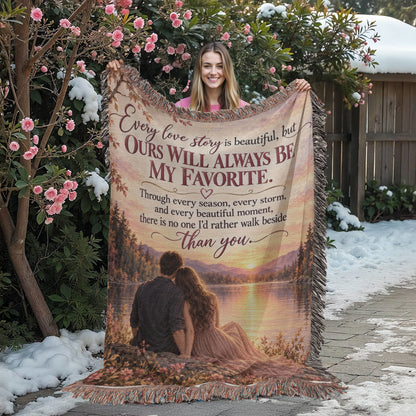 Romantic Love Story Woven Blanket with Sunset Couple Design - Giftinum