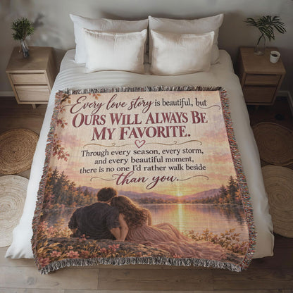 Romantic Love Story Woven Blanket with Sunset Couple Design - Giftinum