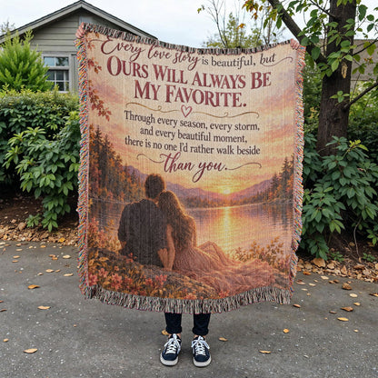 Romantic Love Story Woven Blanket with Sunset Couple Design - Giftinum