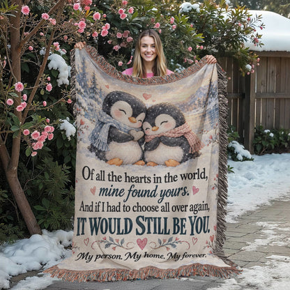 Romantic Penguin Love Quote Woven Blanket for Couples - Giftinum