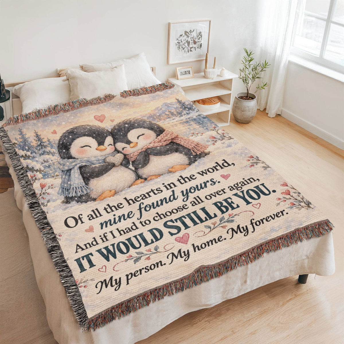 Romantic Penguin Love Quote Woven Blanket for Couples - Giftinum