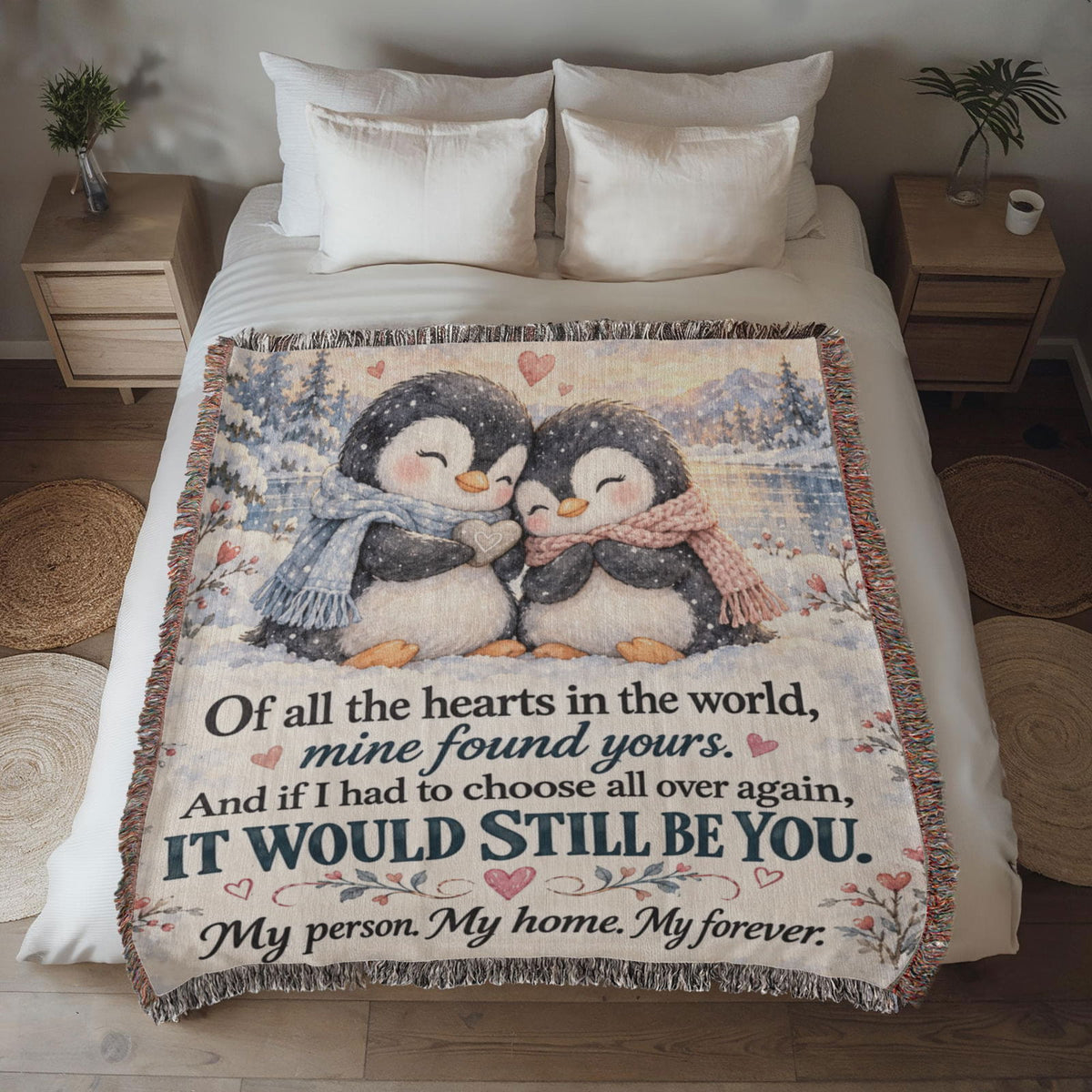 Romantic Penguin Love Quote Woven Blanket for Couples - Giftinum