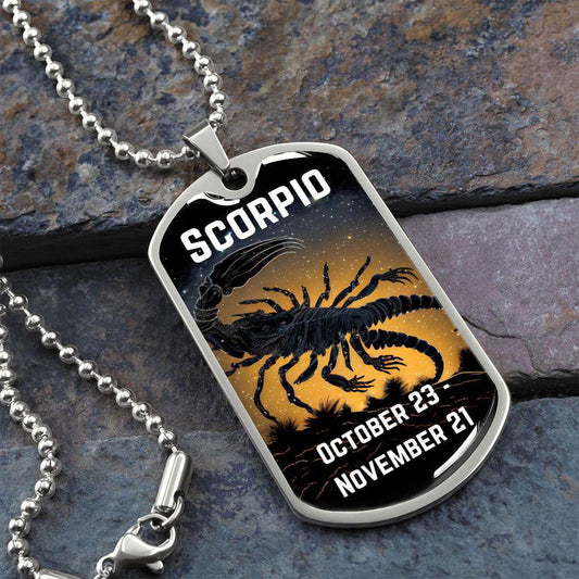 Scorpio Zodiac Dog Tag Necklace Military Chain (Silver) / No Jewelry Giftinum
