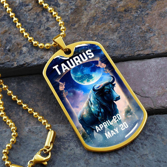 Taurus Zodiac Dog Tag Necklace Military Chain (Gold) / No Jewelry Giftinum