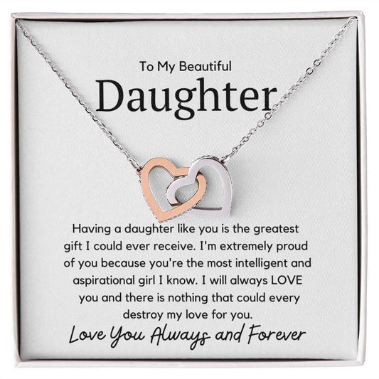 To My Beautiful Daughter Interlocking Necklace - Having daughter like you Polished Stainless Steel & Rose Gold Finish / Two-Toned Box Jewelry Giftinum