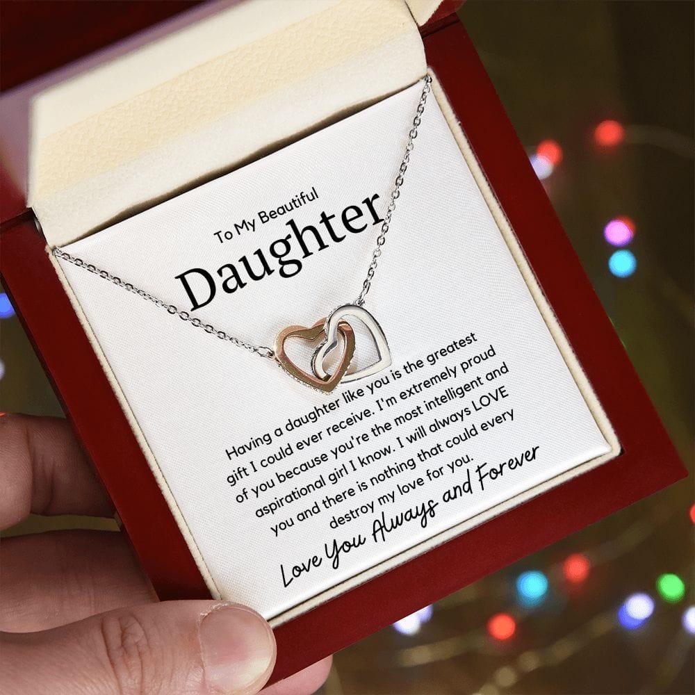To My Beautiful Daughter Interlocking Necklace - Having daughter like you Polished Stainless Steel & Rose Gold Finish / Two-Toned Box Jewelry Giftinum