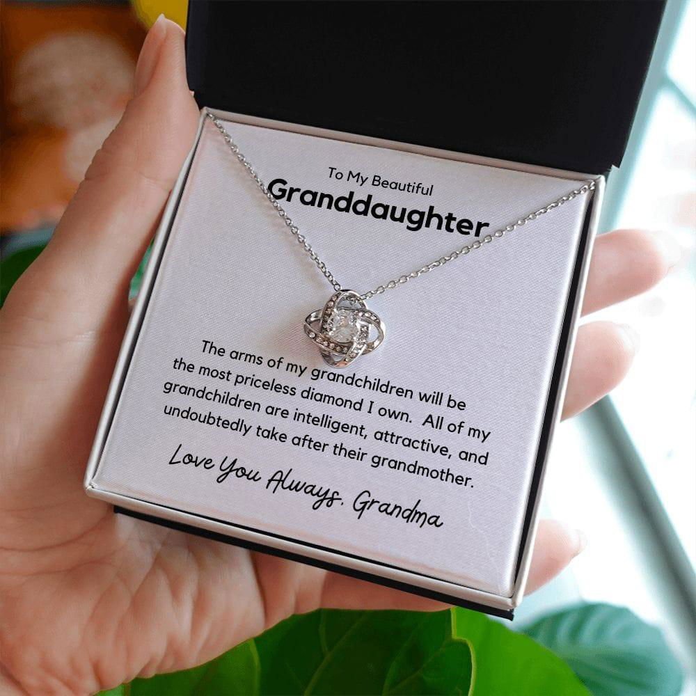 To My Beautiful Granddaughter Love Knot Necklace - The arms of my grandchildren 14K White Gold Finish / Standard Box Jewelry Giftinum
