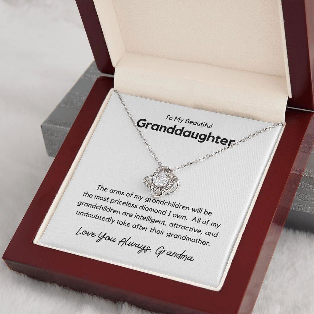 To My Beautiful Granddaughter Love Knot Necklace - The arms of my grandchildren 14K White Gold Finish / Standard Box Jewelry Giftinum