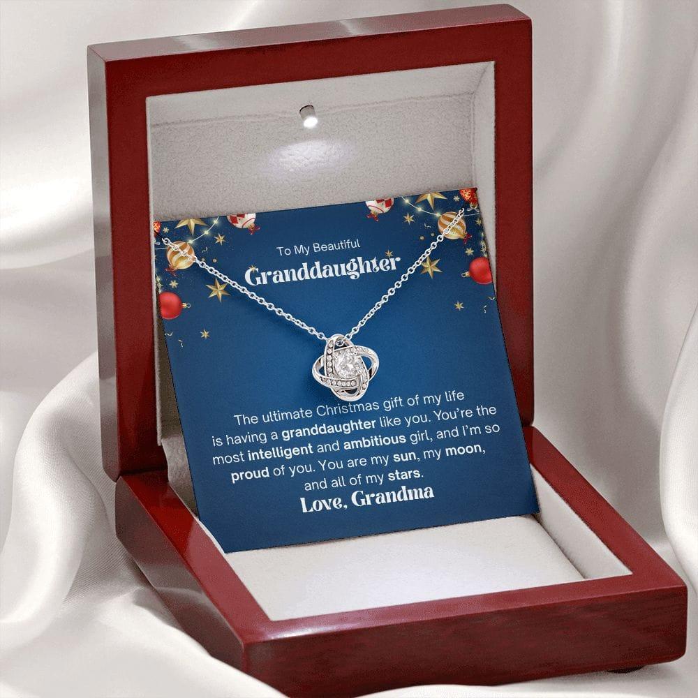 To My Beautiful Granddaughter Love Knot Necklace - The ultimate christmas gift 14K White Gold Finish / Mahogany Luxury Box w/LED Jewelry Giftinum