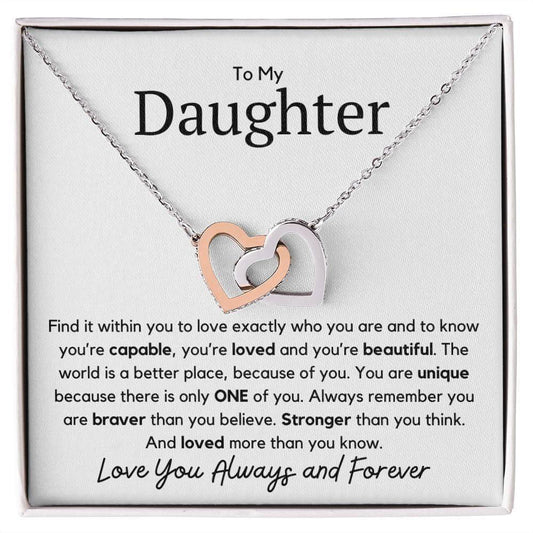 To My Daughter Interlocking Heart Necklace - Find it within you Polished Stainless Steel & Rose Gold Finish / Two-Toned Box Jewelry Giftinum