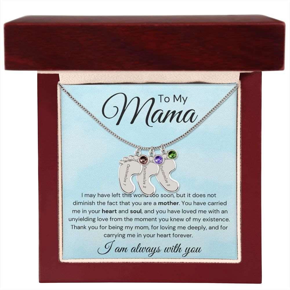 To My Mama Baby Feet Necklace - I may have left the world too soon 3 Charms / Polished Stainless Steel / Luxury Box Jewelry Giftinum