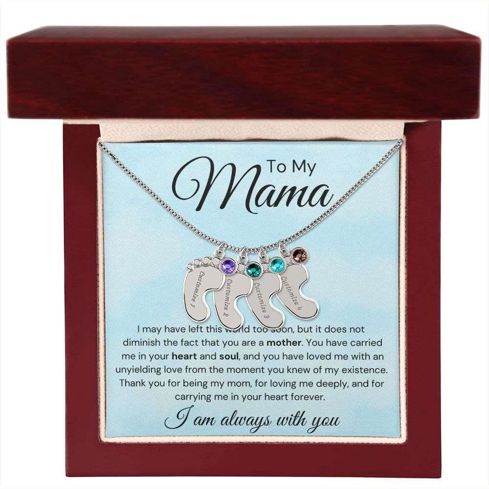 To My Mama Baby Feet Necklace - I may have left the world too soon 4 Charms / Polished Stainless Steel / Luxury Box Jewelry Giftinum