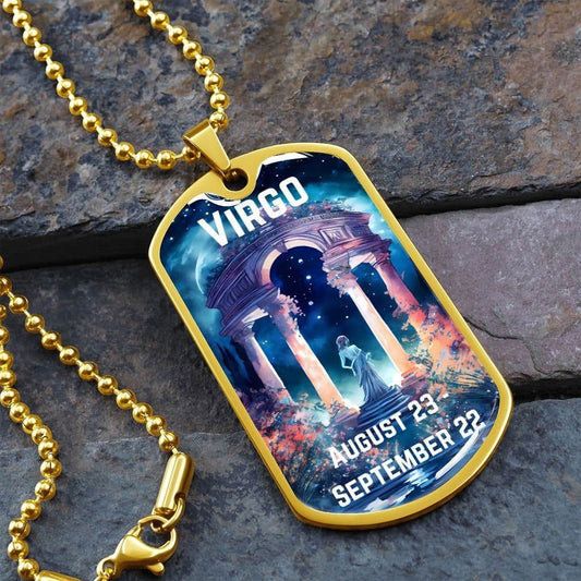 Virgo Zodiac Dog Tag Necklace Military Chain (Gold) / No Jewelry Giftinum